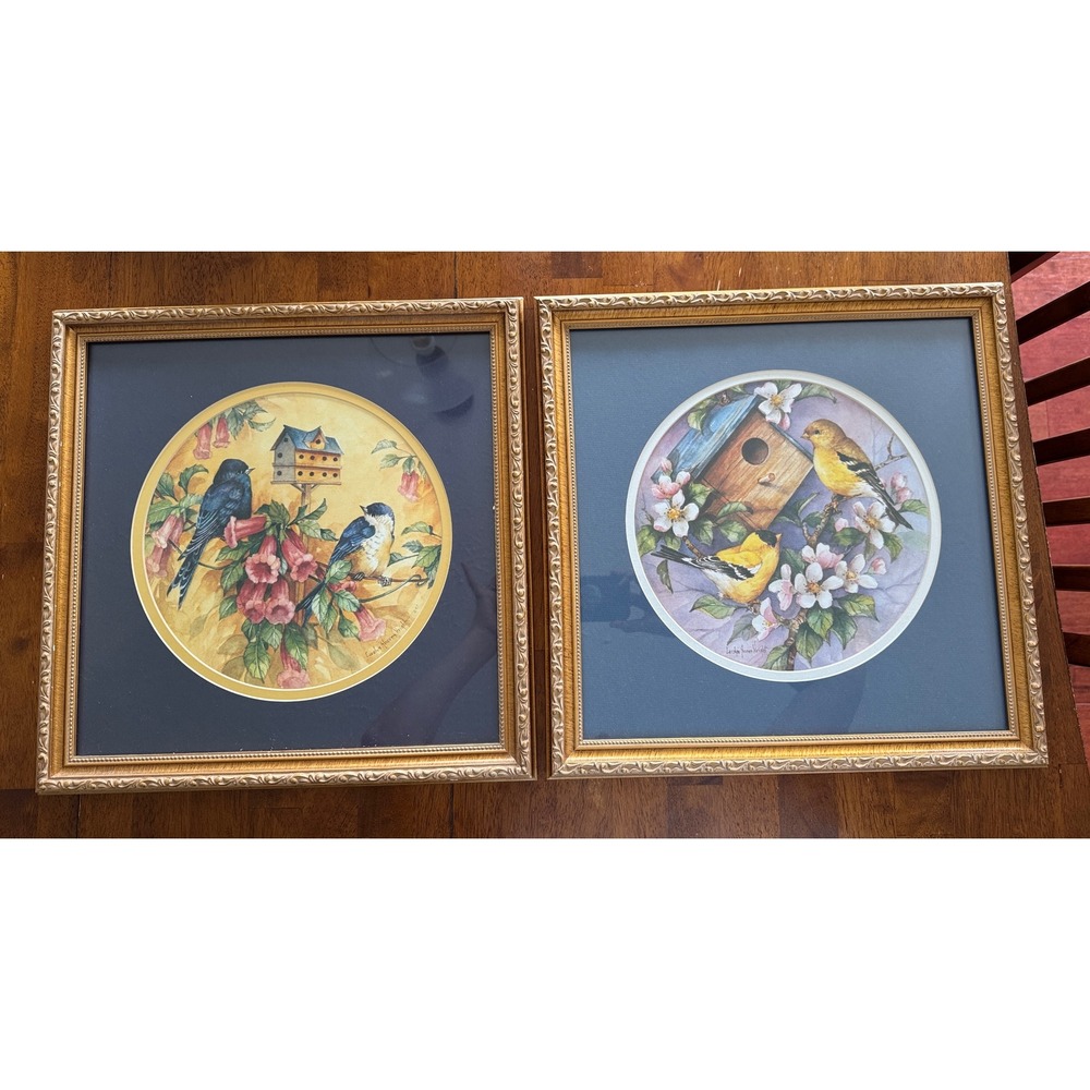 Carolyn Shores Wright Bird Art Framed Prints Set of 2 Goldfinch Bluebird Gold 14